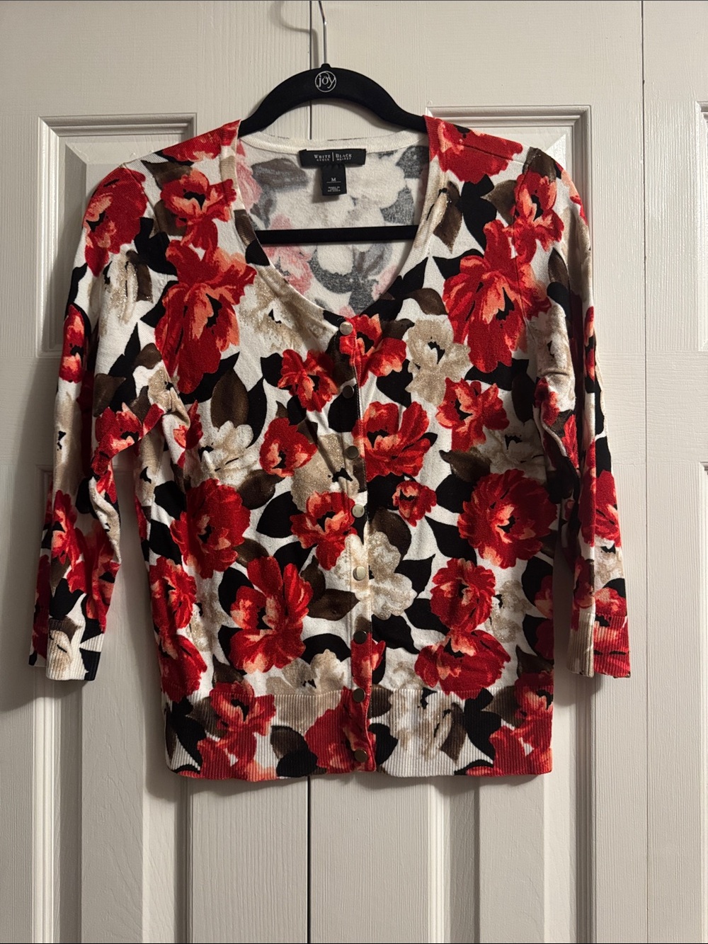 White House Black Market Red Floral Button-Front Cardigan